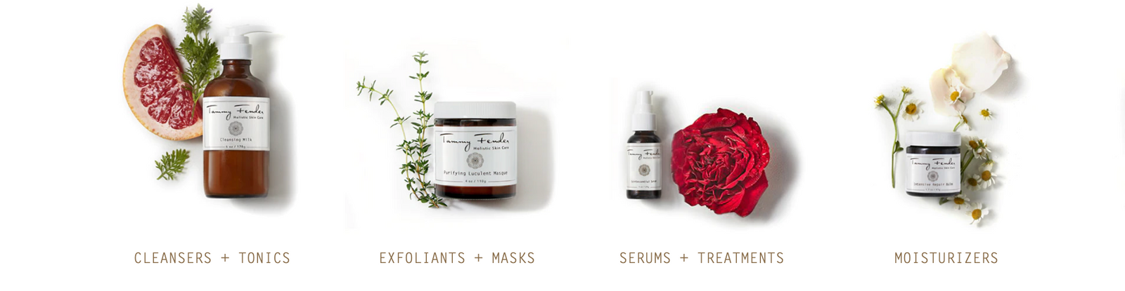 Tammy Fender product array of cleansers, exfoliants, masks, moisturizers and treatments