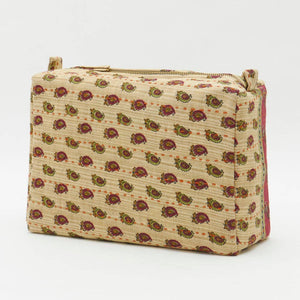 Beige pouch with floral pattern on a white background