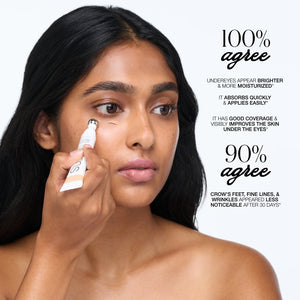 Woman applying skincare product with text on a white background