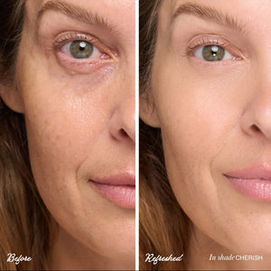 Before and after comparison of a woman's face with visible skin texture differences.