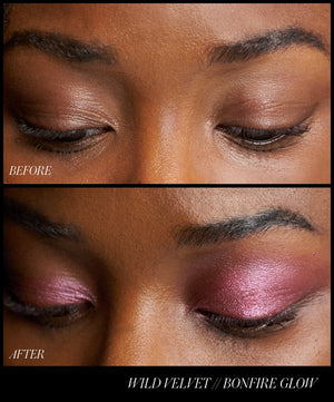Before and after makeup transformation on a person's face with 'Wild Velvet // Bonfire Glow' text.
