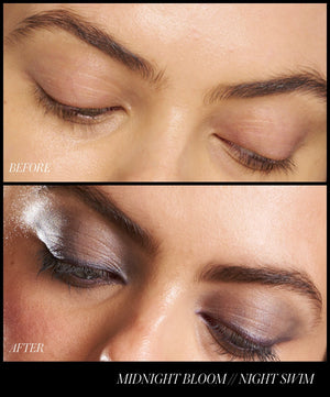 Before and after makeup transformation on a woman's eyelids with 'Midnight Bloom' and 'Night Swim' eye shadows.