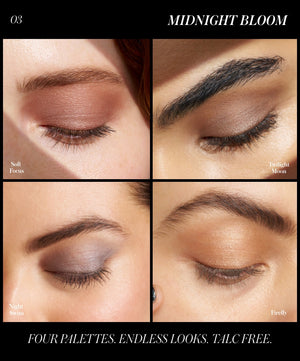 Makeup swatches showing different eye looks with the title 'Midnight Bloom'.