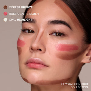 Close-up of a woman's face with makeup swatches labeled 'Copper Bronze', 'Rose Quartz Blush', and 'Opal Highlight'.