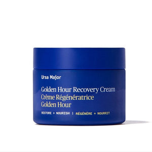 Blue jar of Golden Hour Recovery Cream on a white background