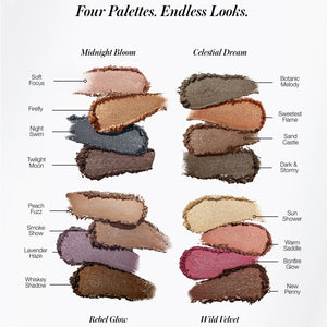Color swatches of makeup palettes labeled 'Midnight Bloom' and 'Celestial Dream' on a white background.