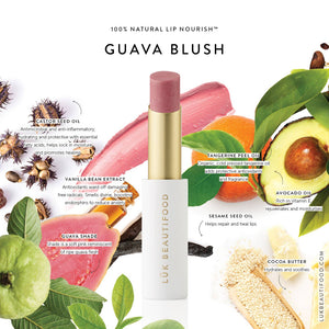 Láuk Beautiful Guava Blush with natural ingredients and product details on a white background