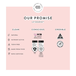 Product packaging with 'Our Promise' text and certification logos on a pink background