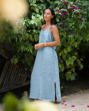 menique Maxi Minimal Linen Dress Livia | Slip Summer Beach Dress | Cloudy Blue