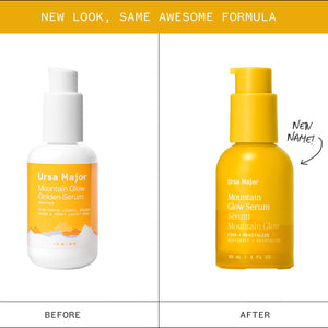 Before and after comparison of Ursa Major serum bottles with text 'New Look, Same Awesome Formula'.