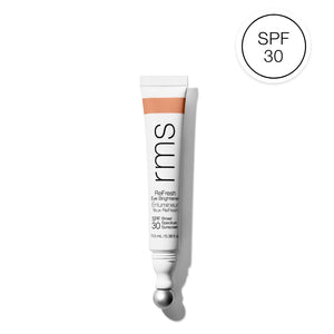 RMS Beauty eye brightener tube on a white background with SPF 30 label.