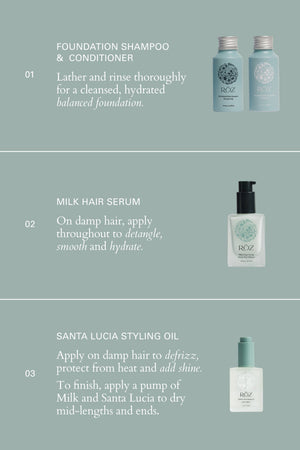 Hair care product set with bottles and text instructions on a light green background
