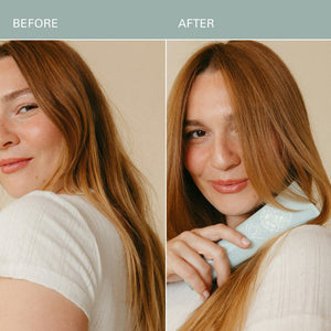 Before and after comparison of a woman with long hair, with text about hair care.