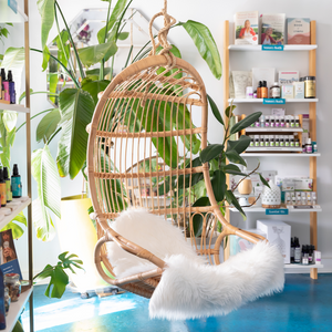Wildcraft Charleston retail shop interior showing a Wicker hanging chair with white cushion in a store setting with shelves and plants.