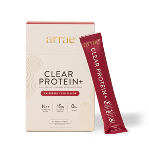 Arrae Clear Protein+ packaging with a red stick pack on a white background