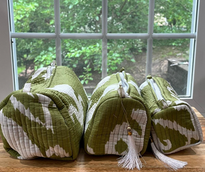AMRANIS Green & White Block Printed Toiletry Bag (Medium Bag)