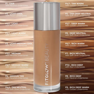 Fitglow Beauty foundation bottle with color swatches on a wooden background