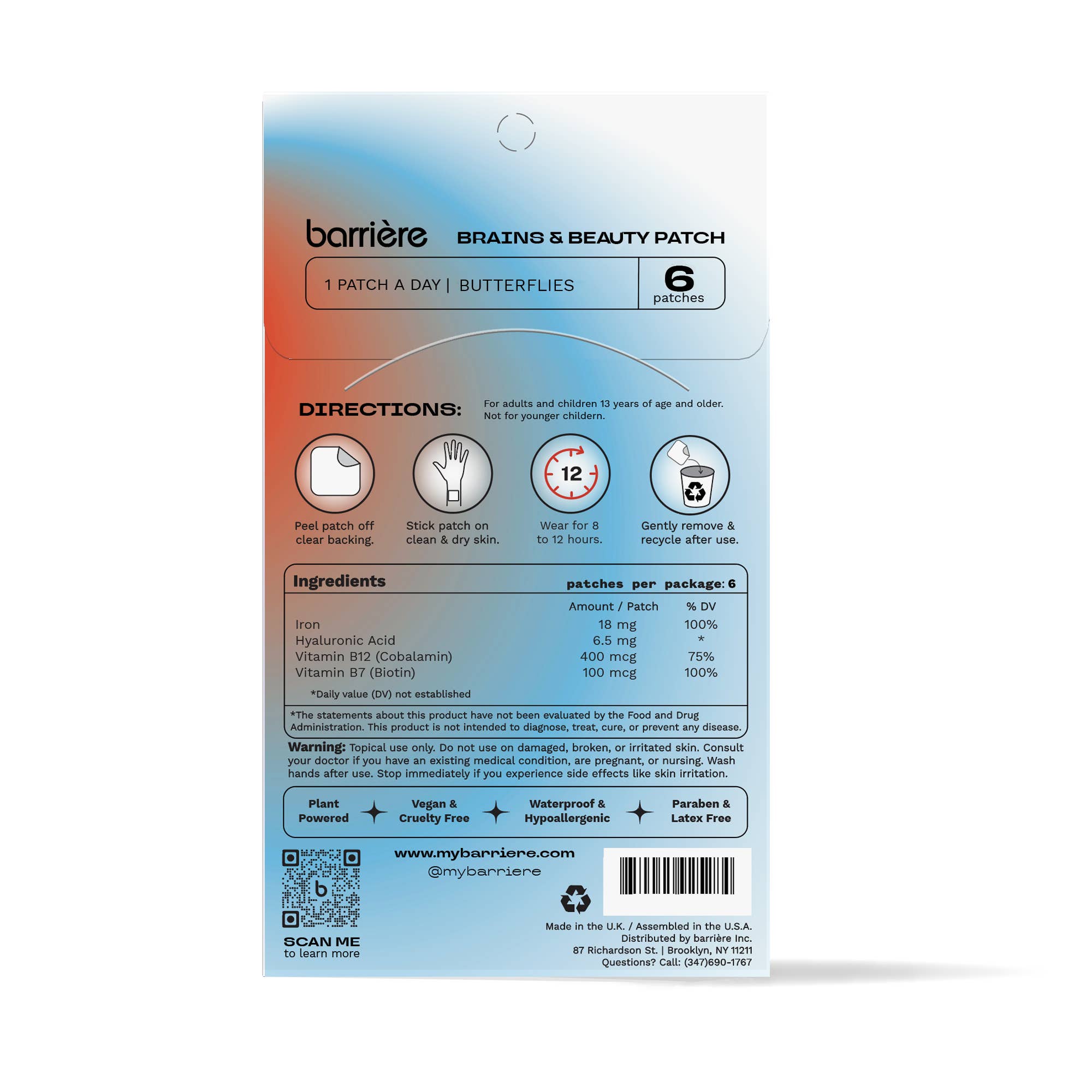 Barriere Brains & Beauty Vitamin Patch 6pk | Butterflies Print