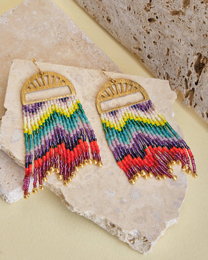 Mayana Designs Co - Beaded Handwoven Sunlit Wave Fringe Earrings (Red/Purple)