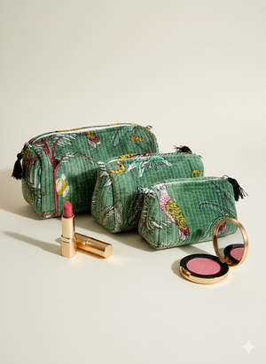 AMRANIS Jungle Block Printed Toiletry Bag (MEDIUM Velvet Bag)