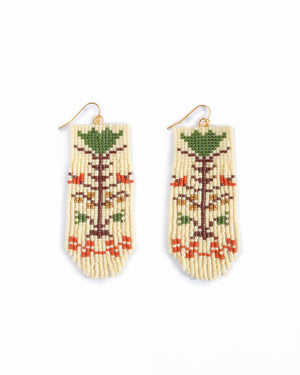 Mayana Designs Co | Beaded Handwoven Vintage Flower Fringe Earrings (Cream/Green)