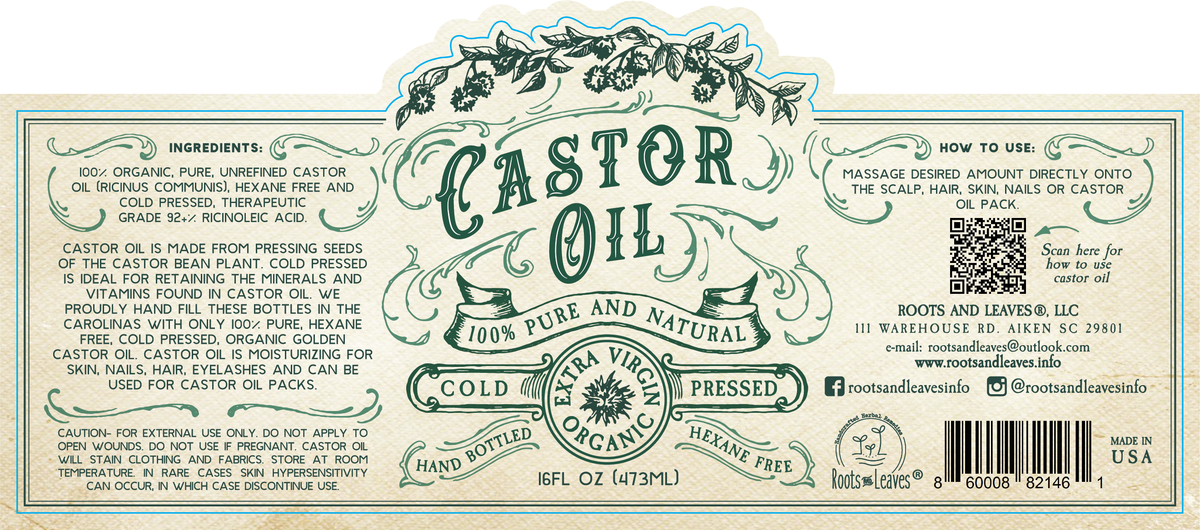 Roots And Leaves | Organic Cold Pressed Castor Oil Hexane Free USA | 16 oz