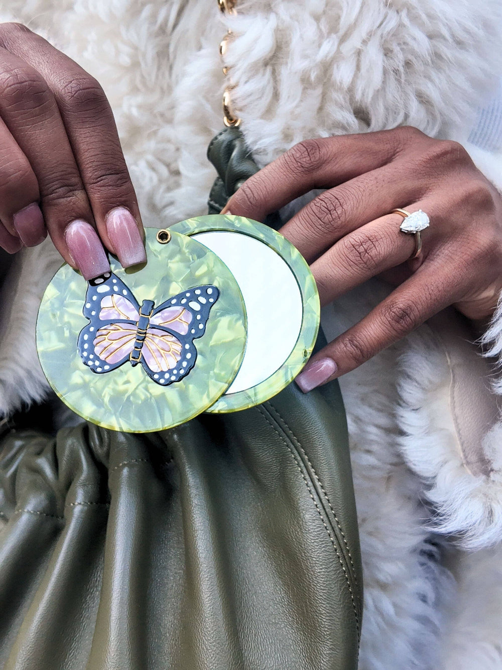 Solar Eclipse Hand-painted Pink Butterfly Compact Mirror | Eco-Friendly