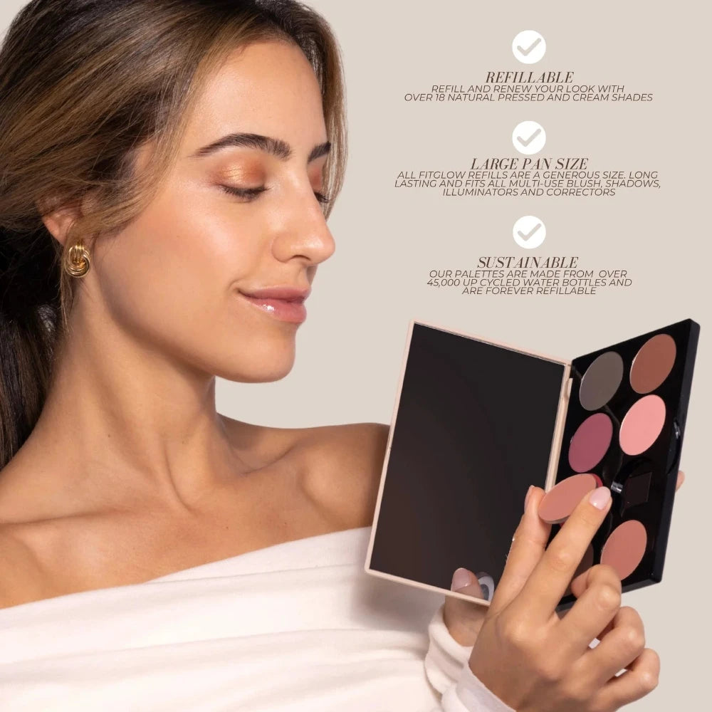 Woman holding a makeup palette with product details on a beige background