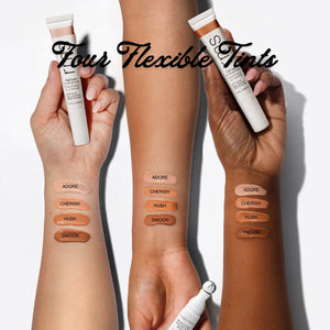 Three hands with swatches of makeup products labeled 'Sculpting & Contouring' on a white background.
