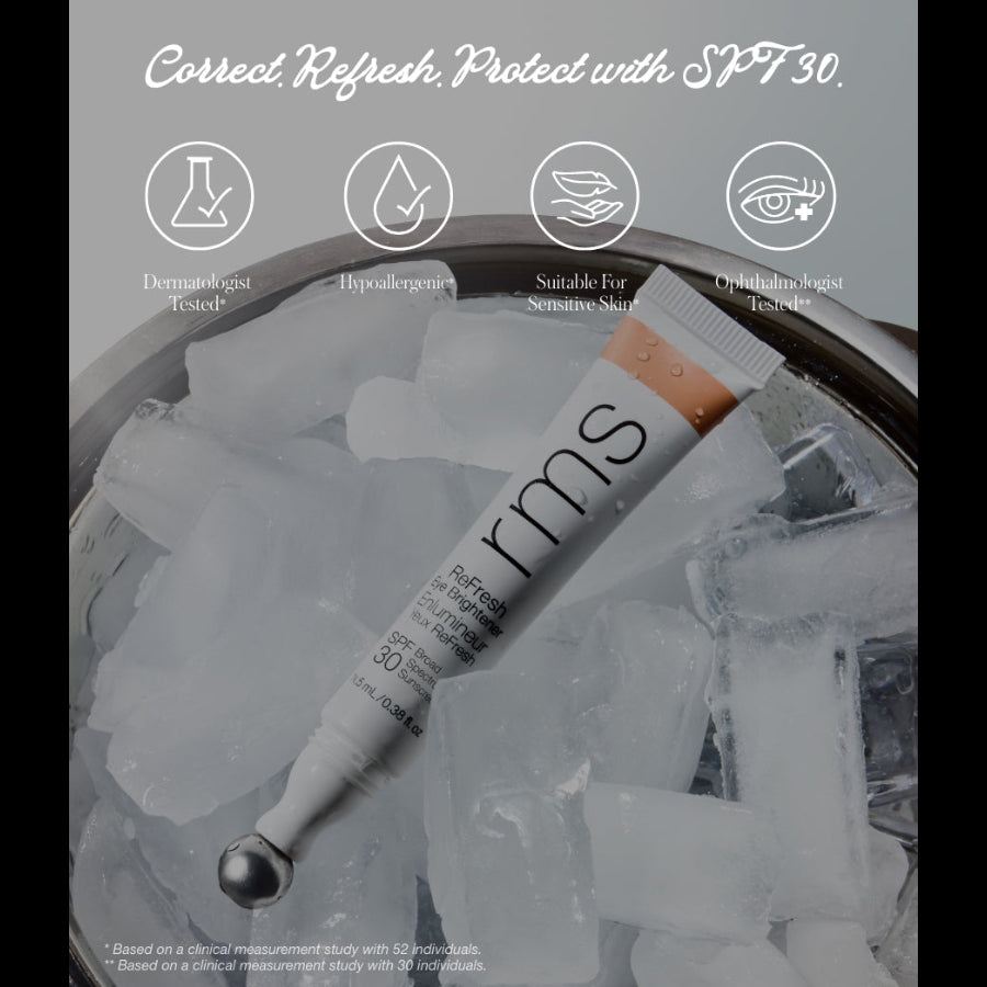 RMS beauty product with ice cubes and text about SPF 30 on a gray background