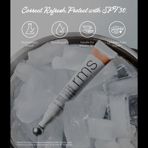 RMS beauty product with ice cubes and text about SPF 30 on a gray background