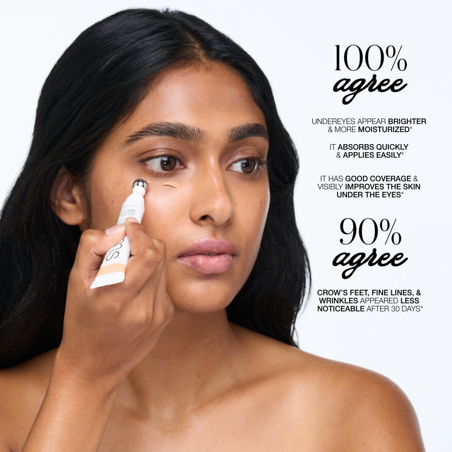 Woman applying skincare product with text on a white background