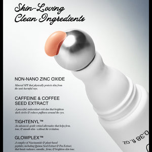 Skincare product with text detailing skin-loving clean ingredients on a light gray background