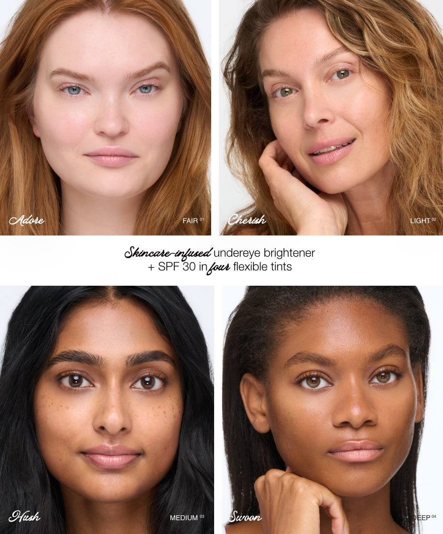 Four women with different skin tones and a skincare product label.