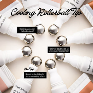 Collection of skincare products with cooling rollerball tips on a light background