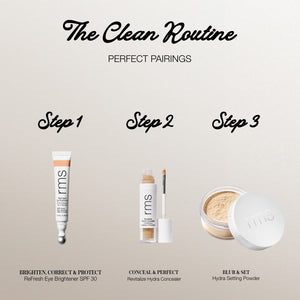 Three RMS beauty products with step-by-step instructions on a beige background