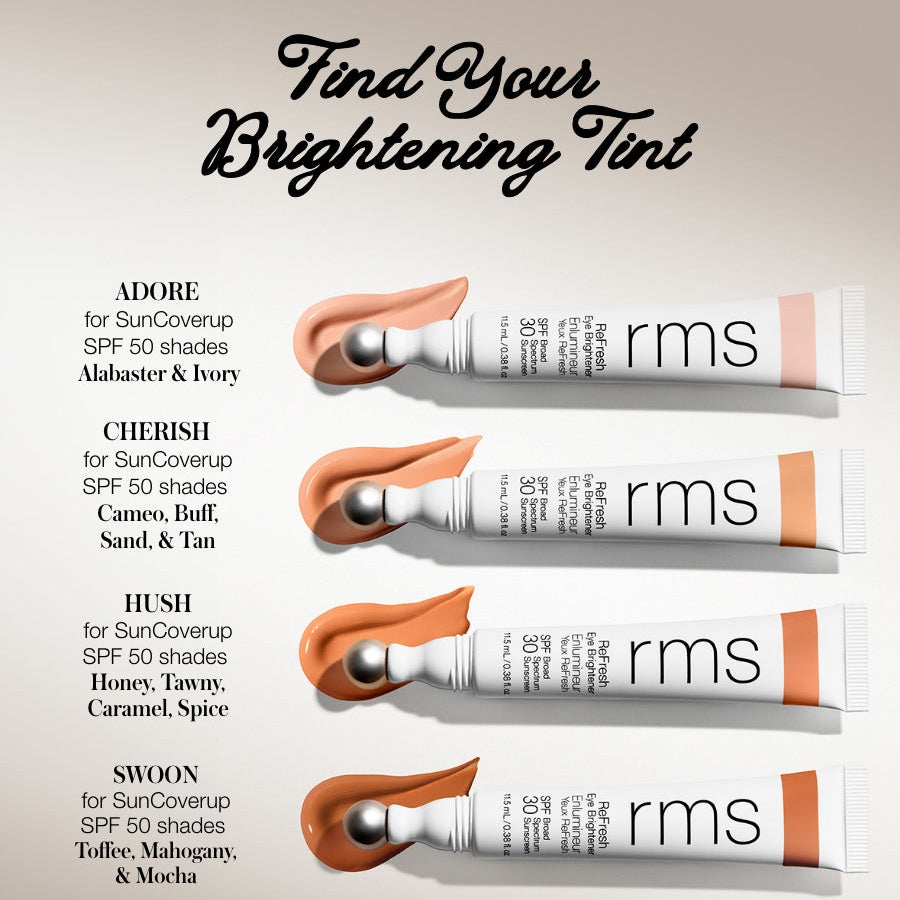 Collection of RMS beauty tinted creams with color swatches on a light background