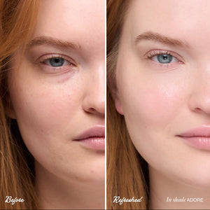 Before and after comparison of a woman's face with visible makeup changes.