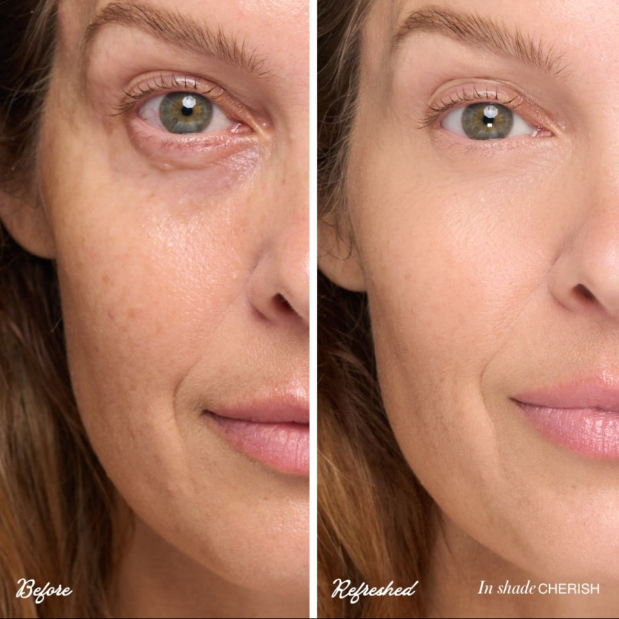 Before and after comparison of a woman's face with visible skin texture differences.