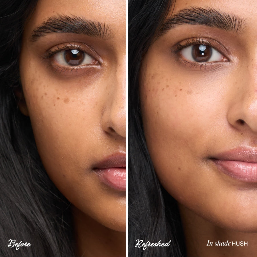 Before and after comparison of a woman's face with makeup application labeled 'In shade HUSH'.