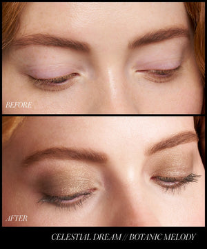 Before and after comparison of eye makeup application on a person with red hair.