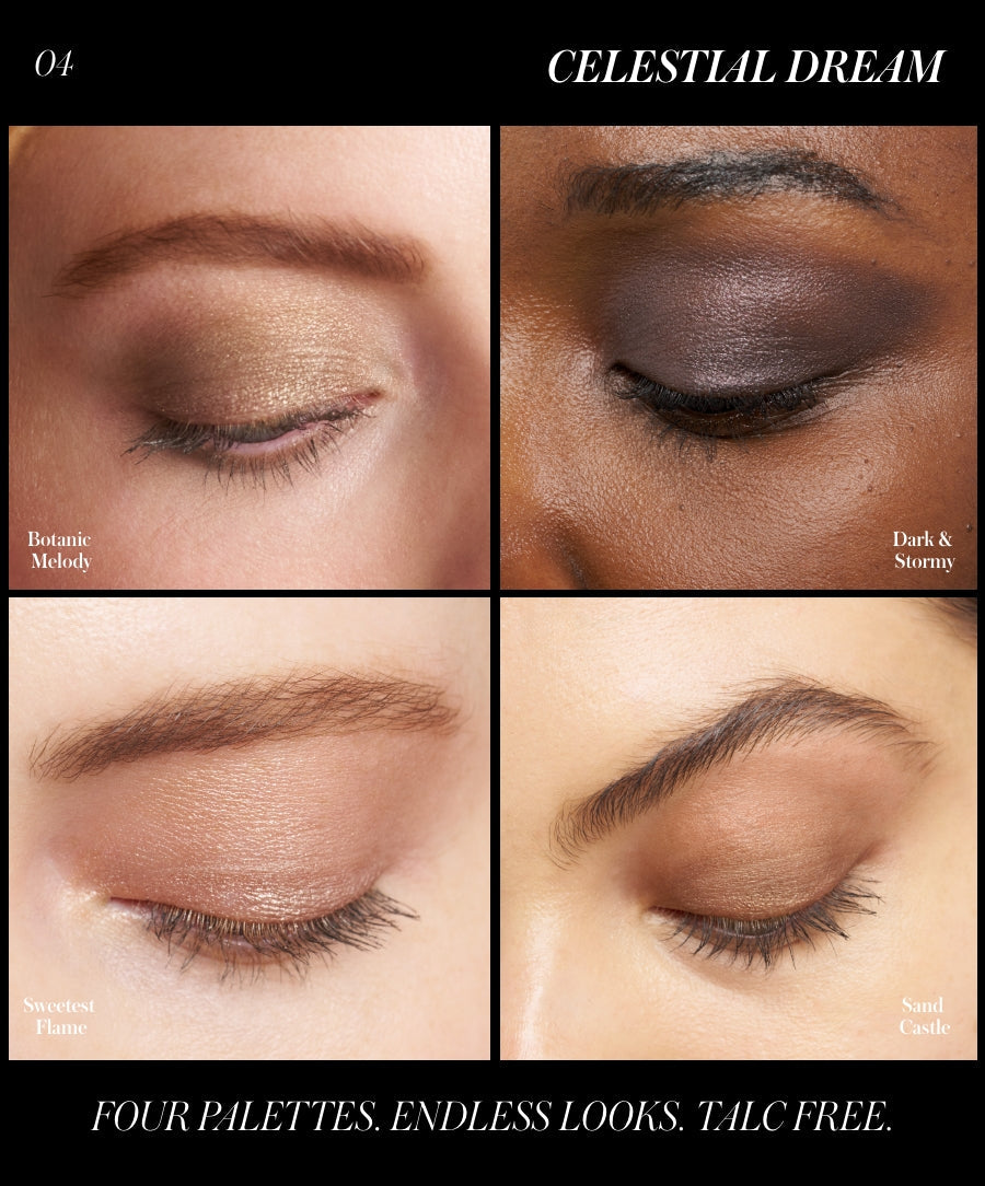 Makeup swatches showing different eye shadow looks with labels 'Botanic Melody', 'Dark & Stormy', and 'Sand Castle'.