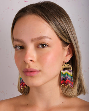 Mayana Designs Co - Beaded Handwoven Sunlit Wave Fringe Earrings (Red/Purple)