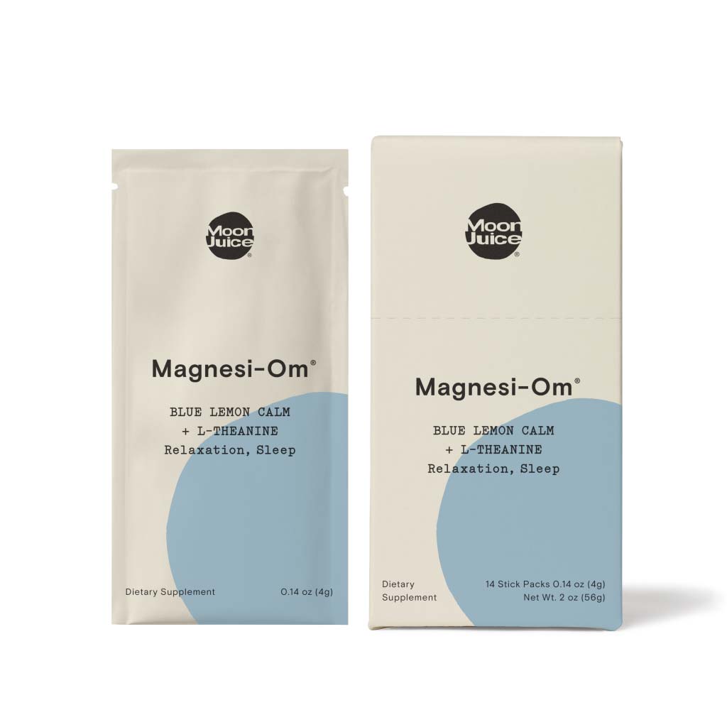 Moon Juice Magnesi-Om | Blue Lemon Calm + L-Theanine for Relaxation, Sleep | Box of 18 Sticks