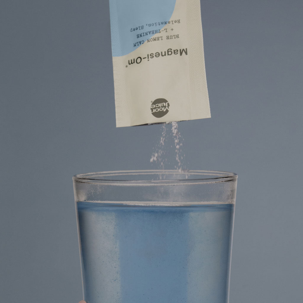 Moon Juice Magnesi-Om | Blue Lemon Calm + L-Theanine for Relaxation, Sleep | Box of 18 Sticks