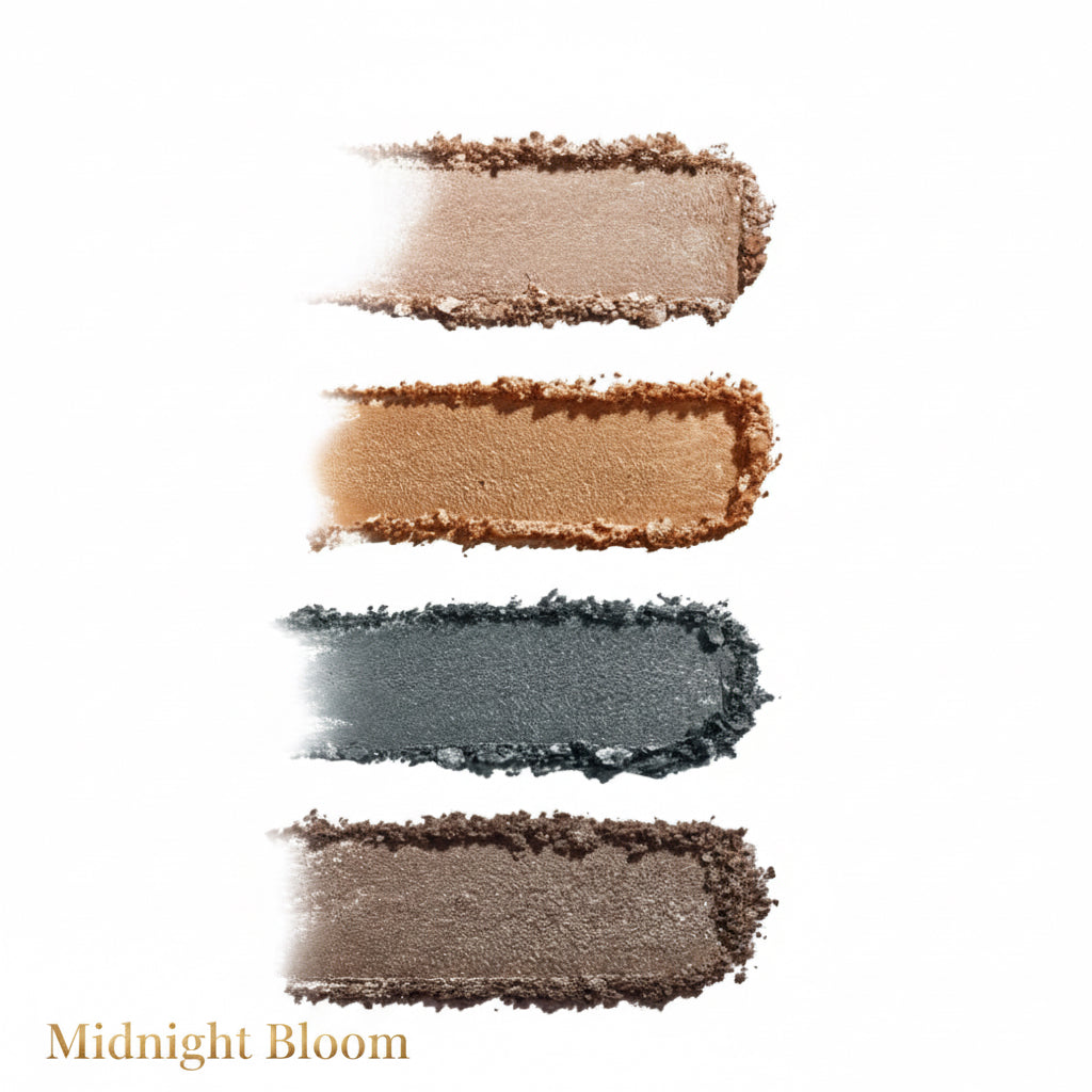Four different eyeshadow swatches in brown and gray tones on a white background