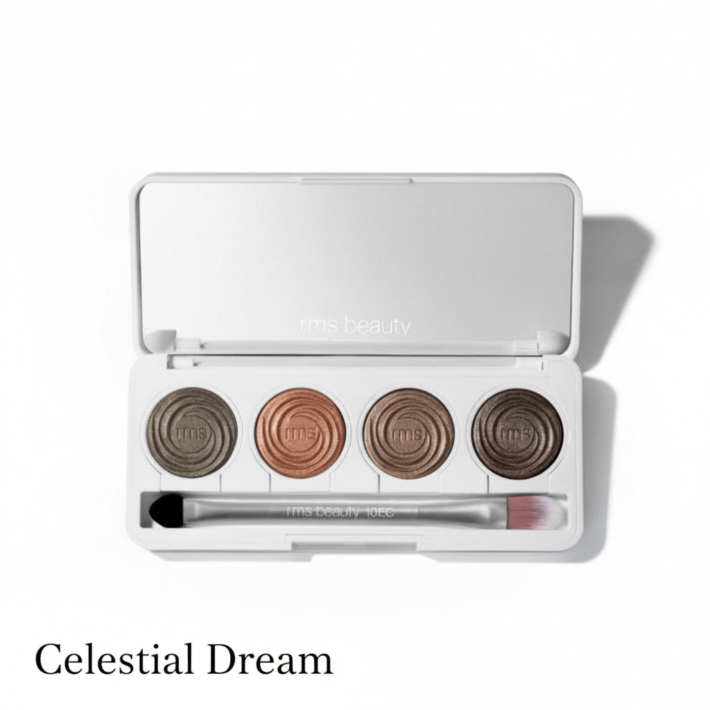 Makeup palette with four circular shades and a brush on a white background