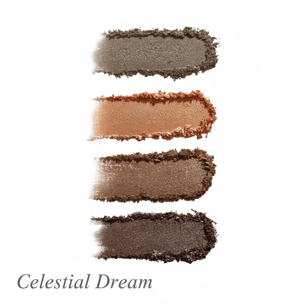 Four swatches of brown eyeshadow on a white background