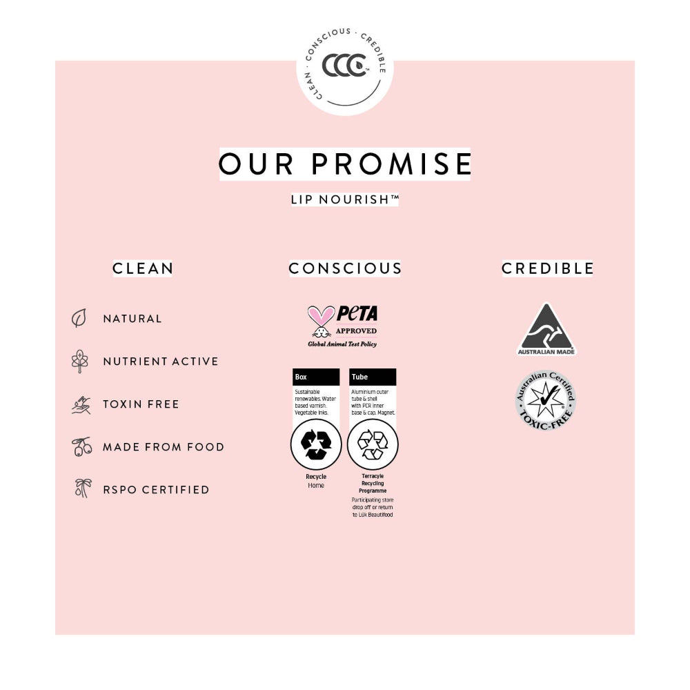 Product packaging with 'Our Promise' text and certification logos on a pink background