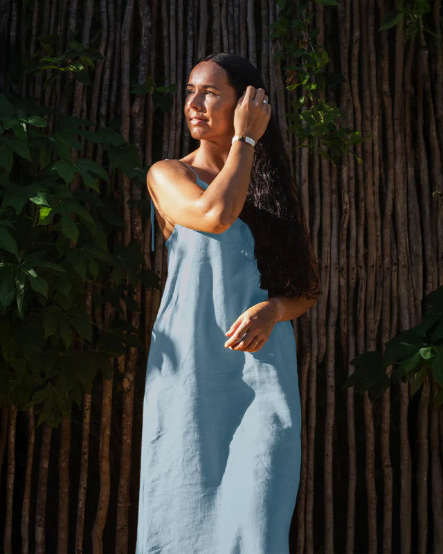 menique Maxi Minimal Linen Dress Livia | Slip Summer Beach Dress | Cloudy Blue